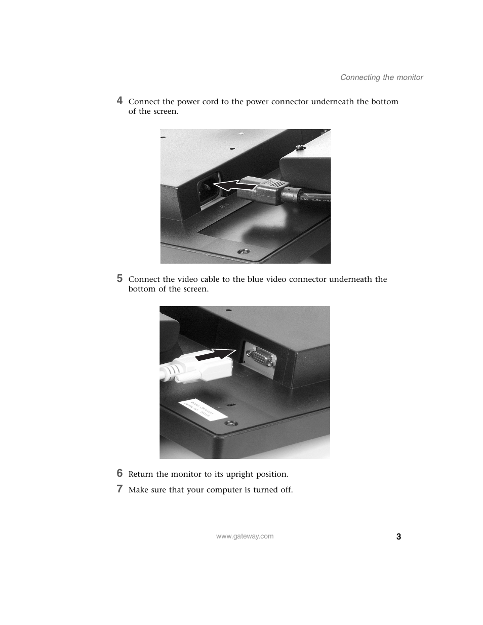 6 return the monitor to its upright position, 7 make sure that your computer is turned off | Gateway FPD 1540 User Manual | Page 7 / 32