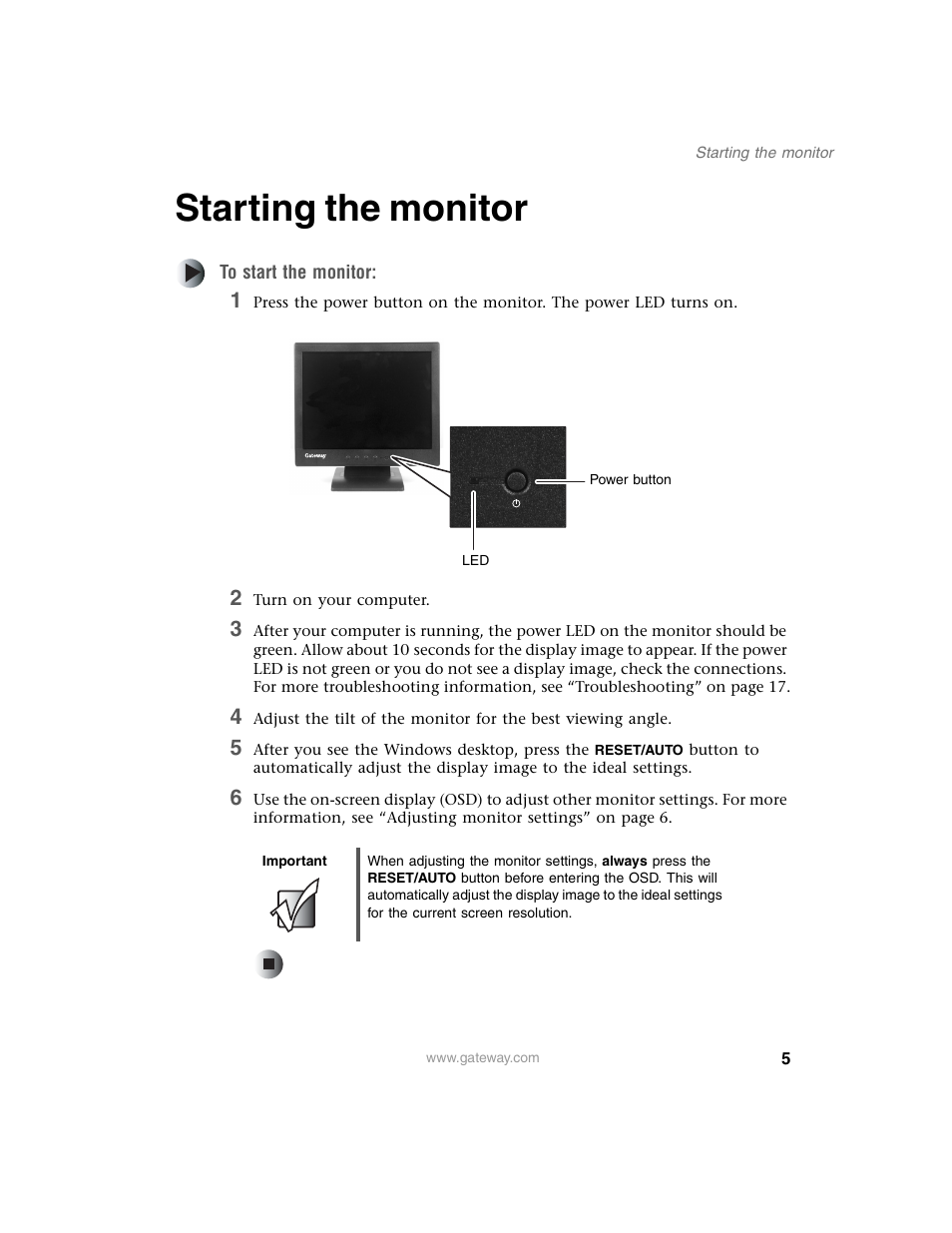 Starting the monitor, To start the monitor, 2 turn on your computer | Important | Gateway FPD 1540 User Manual | Page 9 / 32