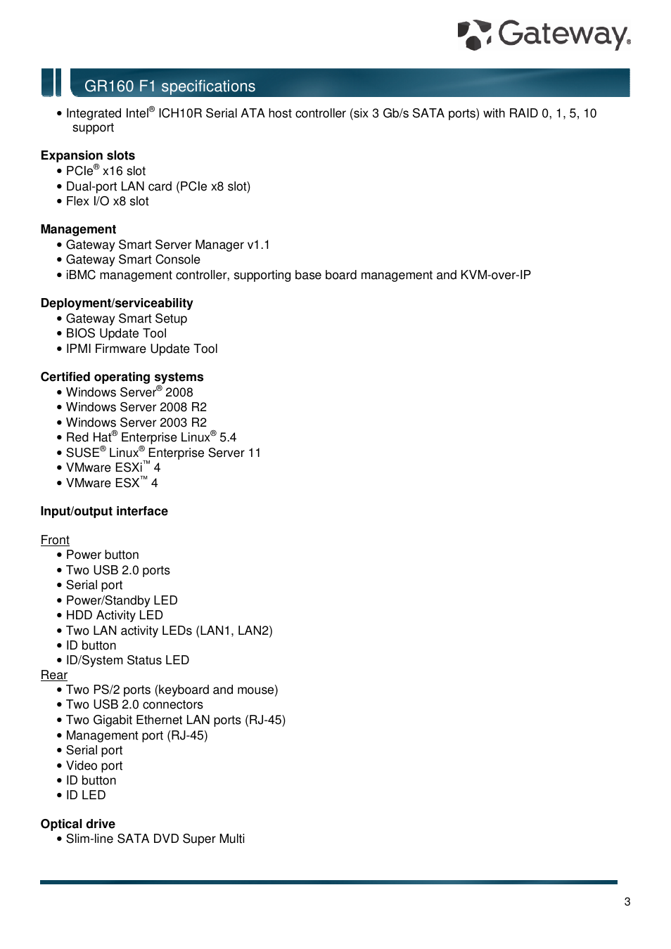 Gr160 f1 specifications | Gateway GR160 F1 User Manual | Page 3 / 14