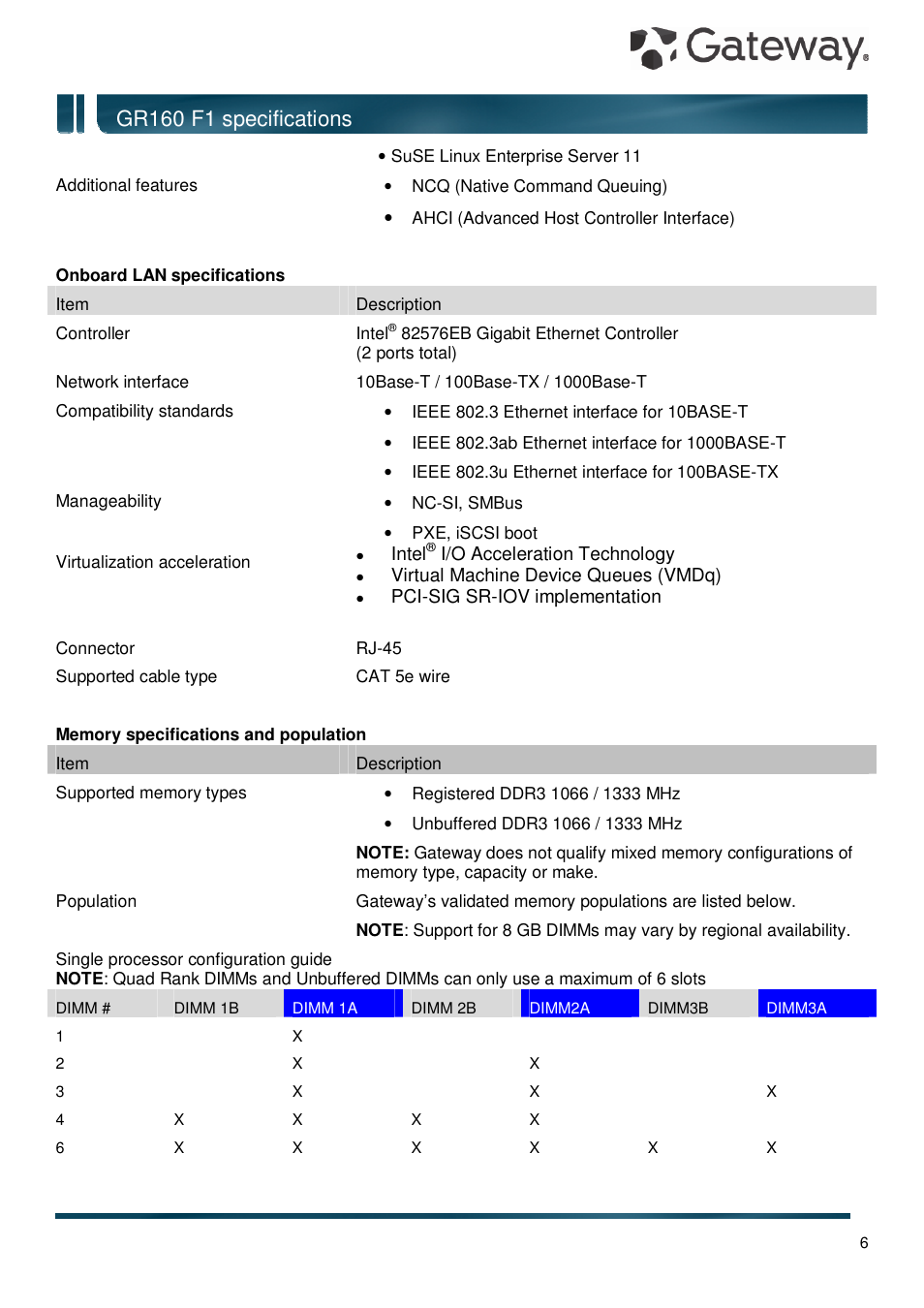 Gr160 f1 specifications | Gateway GR160 F1 User Manual | Page 6 / 14