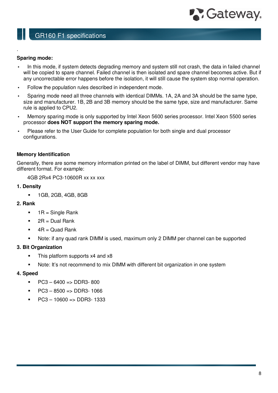 Gr160 f1 specifications | Gateway GR160 F1 User Manual | Page 8 / 14