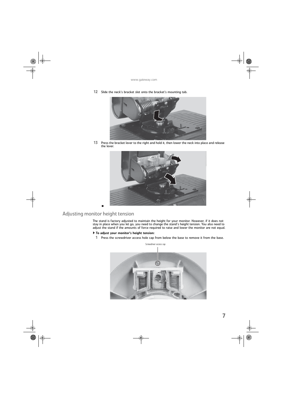 Adjusting monitor height tension, To adjust your monitor’s height tension | Gateway FPD1975W User Manual | Page 11 / 32
