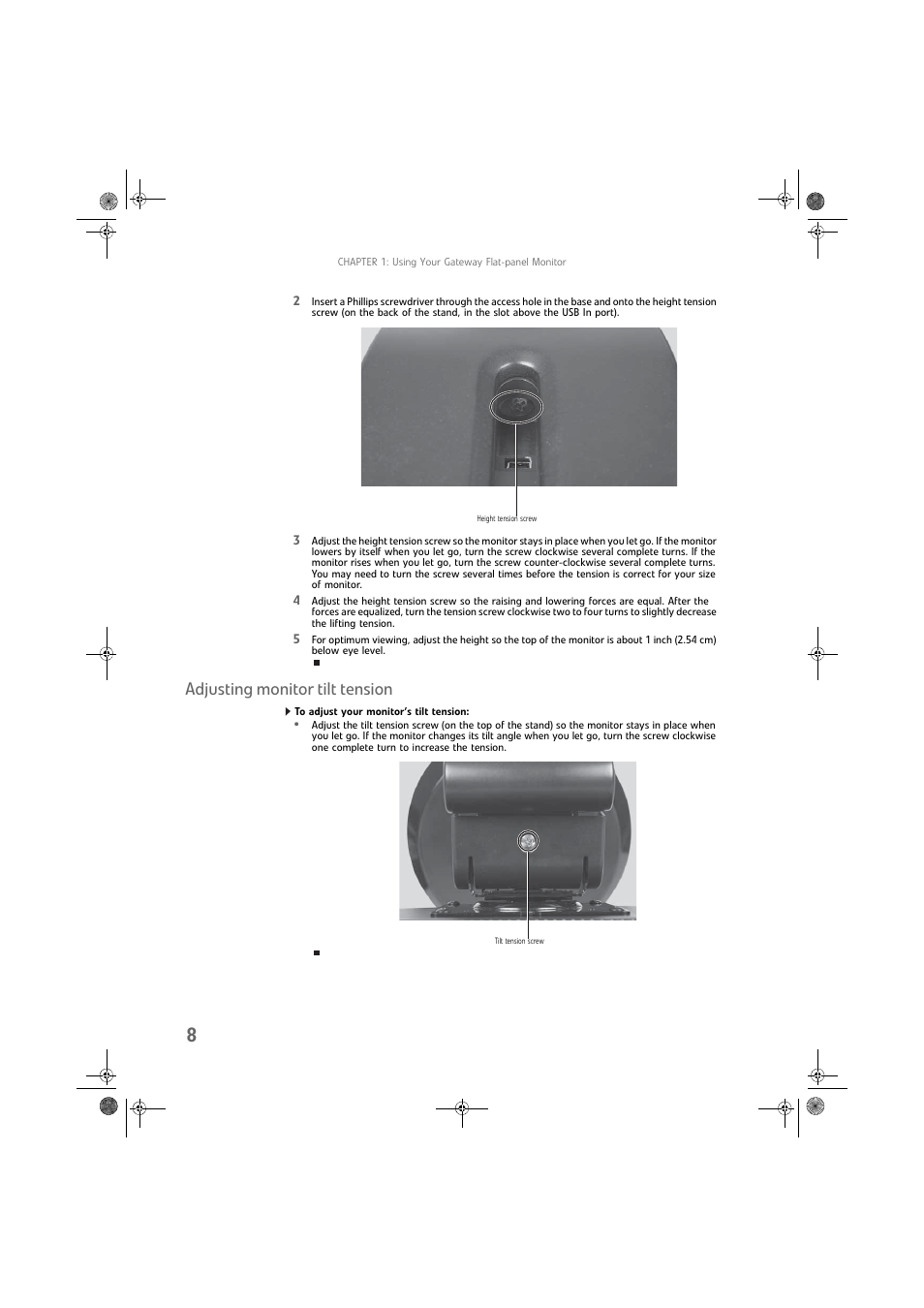 Adjusting monitor tilt tension, To adjust your monitor’s tilt tension | Gateway FPD1975W User Manual | Page 12 / 32