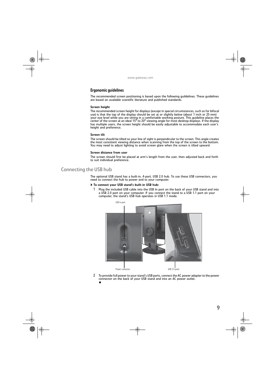 Ergonomic guidelines, Screen height, Screen tilt | Screen distance from user, Connecting the usb hub, To connect your usb stand’s built-in usb hub | Gateway FPD1975W User Manual | Page 13 / 32