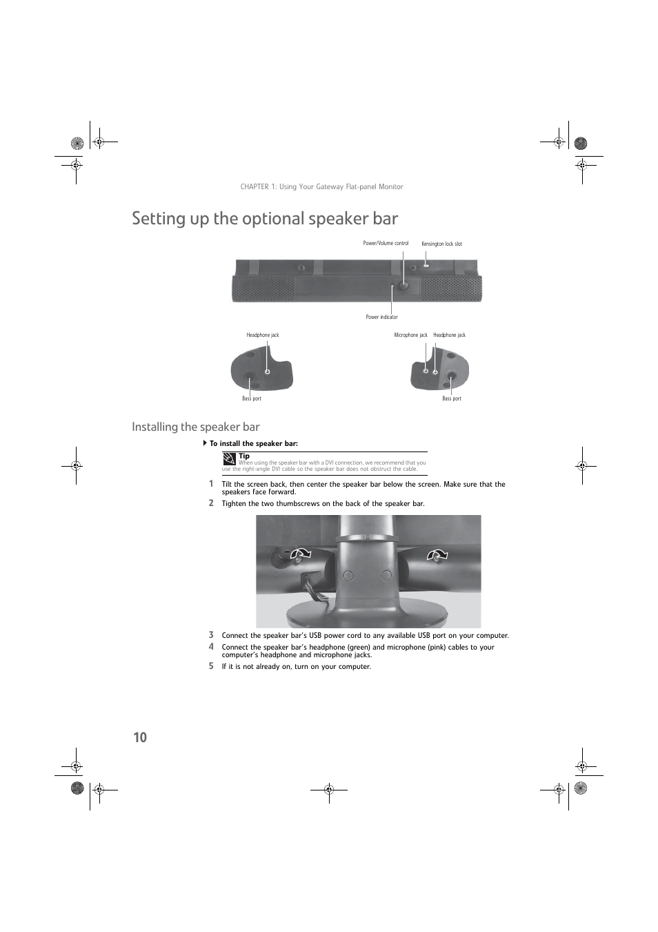 Setting up the optional speaker bar, Installing the speaker bar, To install the speaker bar | Gateway FPD1975W User Manual | Page 14 / 32