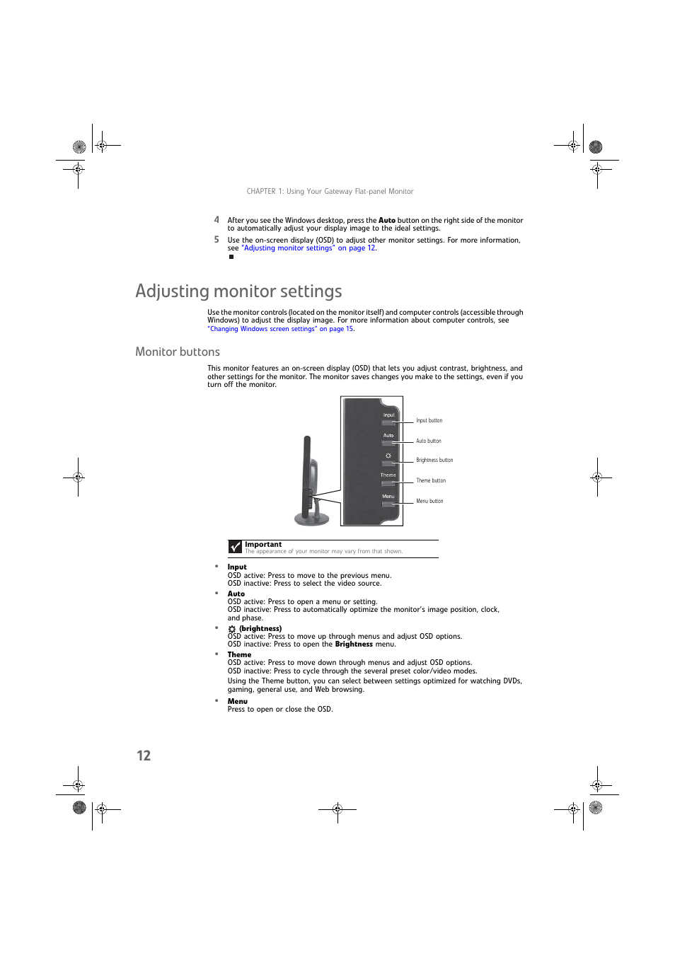 Adjusting monitor settings, Monitor buttons | Gateway FPD1975W User Manual | Page 16 / 32