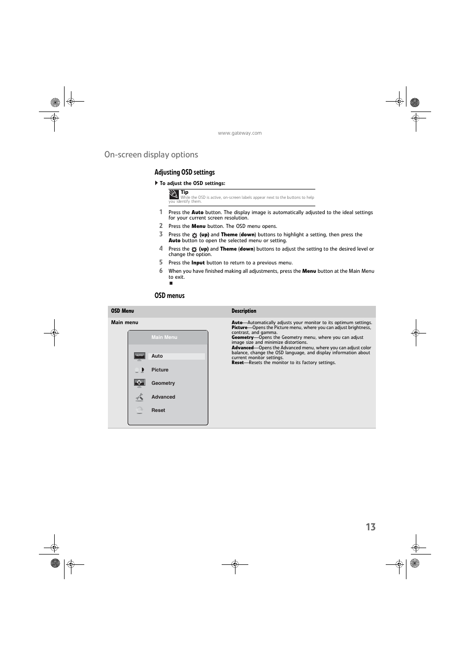 On-screen display options, Adjusting osd settings, To adjust the osd settings | Osd menus, Main menu | Gateway FPD1975W User Manual | Page 17 / 32
