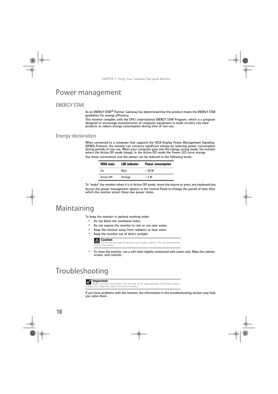 Power management, Energy star, Energy declaration | Maintaining, Troubleshooting, Energy star energy declaration, Maintaining troubleshooting | Gateway FPD1975W User Manual | Page 22 / 32