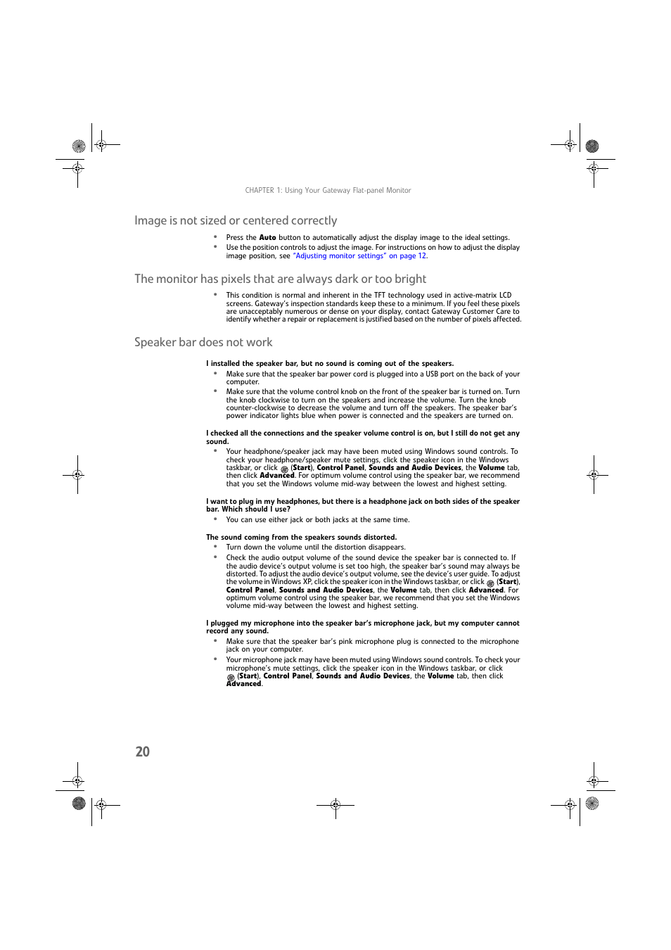 Image is not sized or centered correctly, Speaker bar does not work | Gateway FPD1975W User Manual | Page 24 / 32