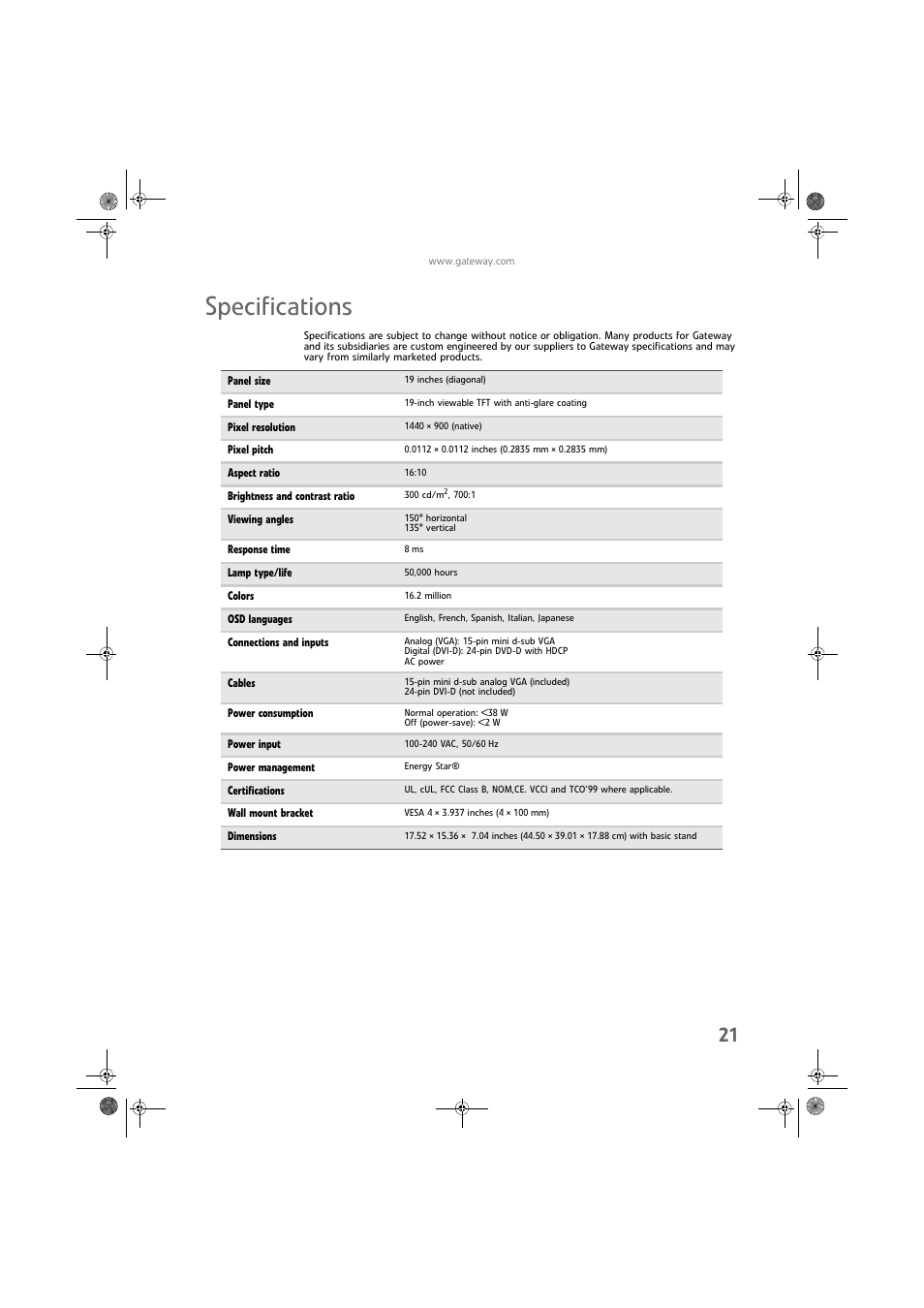 Specifications | Gateway FPD1975W User Manual | Page 25 / 32