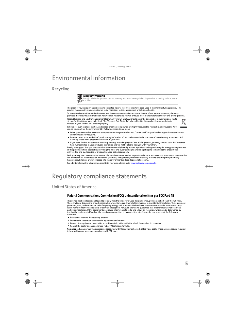 Recycling, Environmental information, Regulatory compliance statements | United states of america | Gateway FPD1975W User Manual | Page 29 / 32