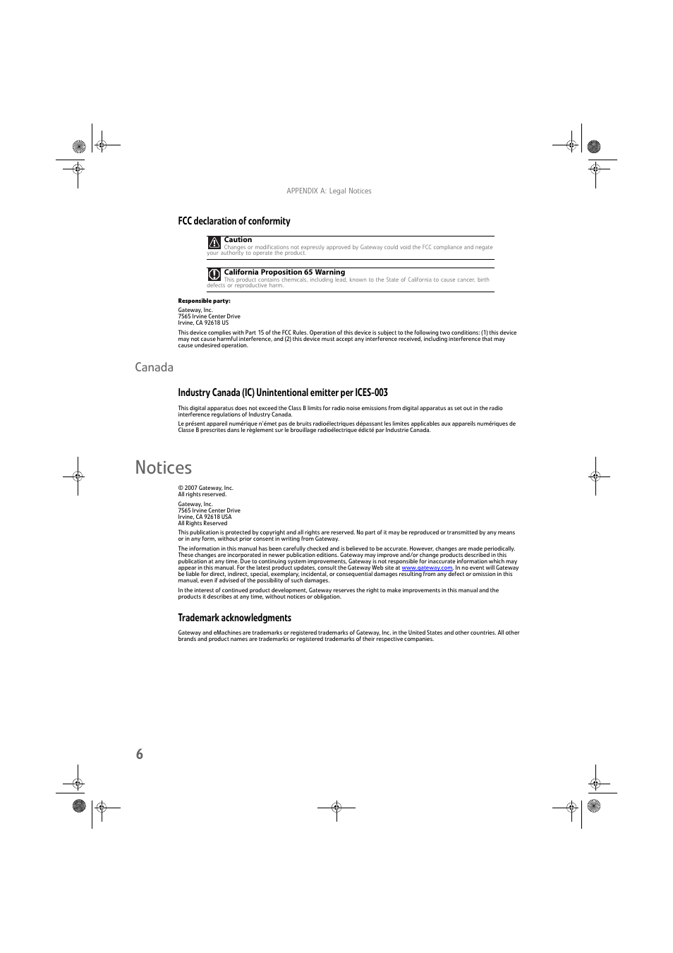 Notices, Canada, Fcc declaration of conformity | Trademark acknowledgments | Gateway FPD1975W User Manual | Page 30 / 32