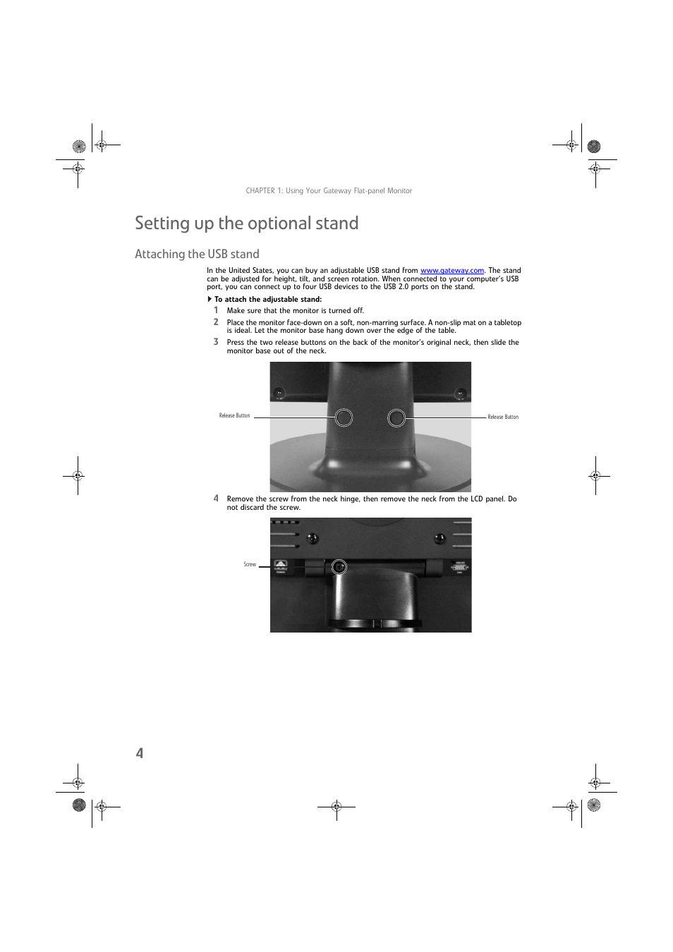 Setting up the optional stand, Attaching the usb stand, To attach the adjustable stand | Gateway FPD1975W User Manual | Page 8 / 32