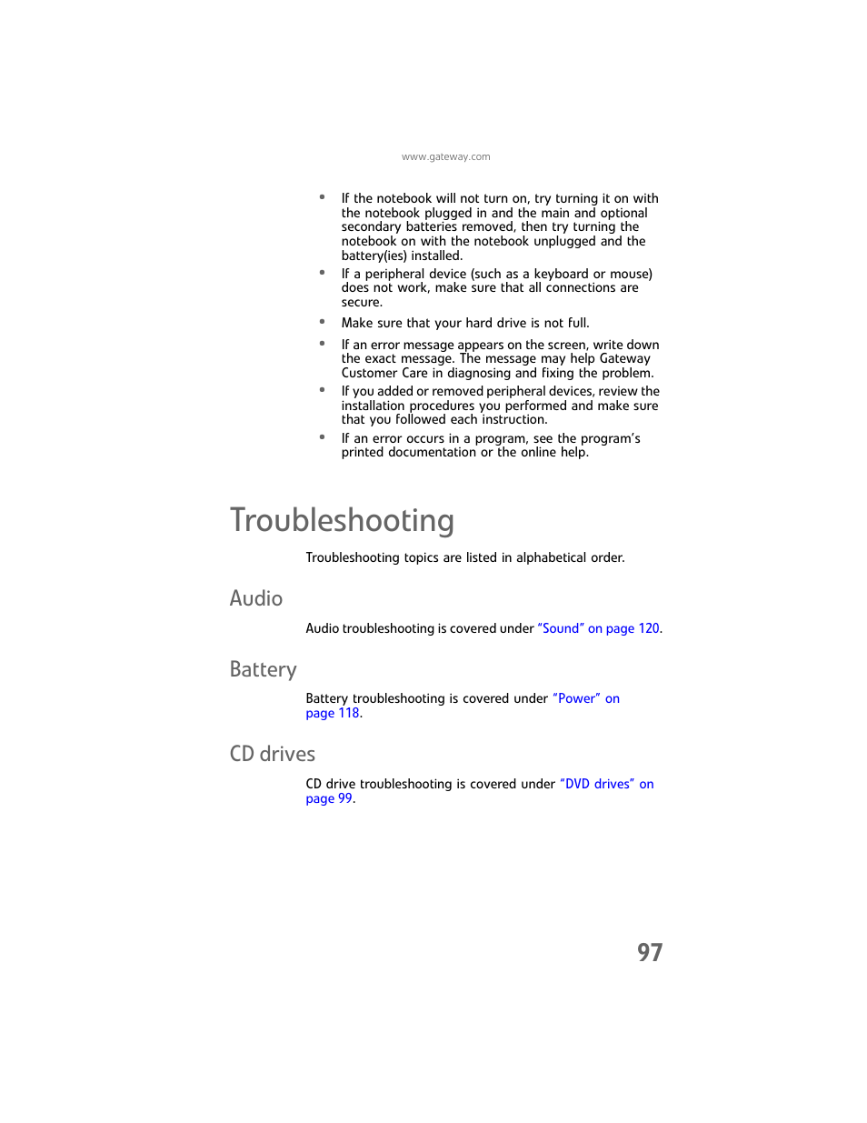 Troubleshooting, Audio, Battery | Cd drives, Audio battery cd drives | Gateway Laptop User Manual | Page 105 / 152