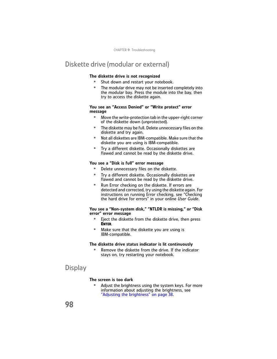 Diskette drive (modular or external), Display, Diskette drive (modular or external) display | Gateway Laptop User Manual | Page 106 / 152