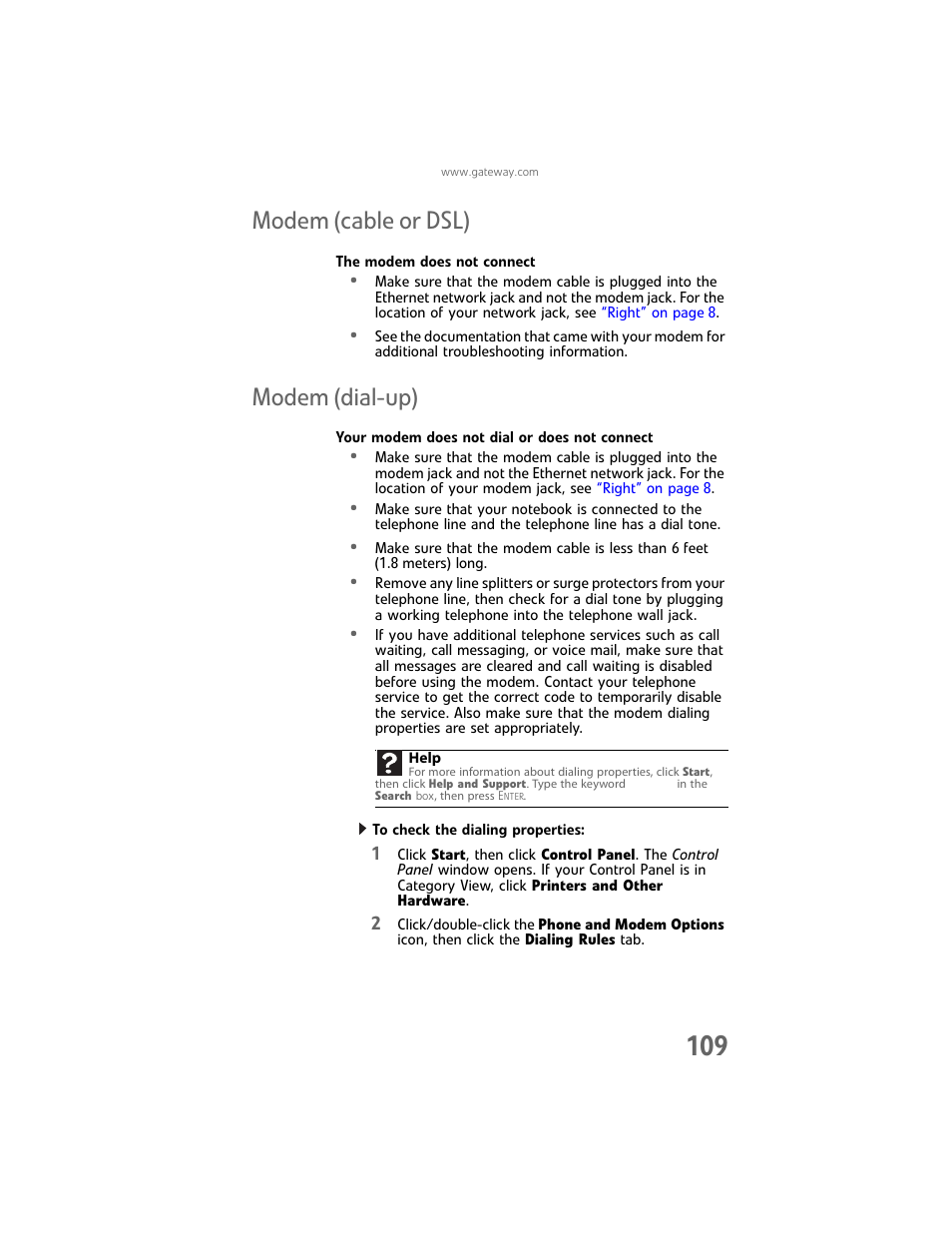 Modem (cable or dsl), Modem (dial-up), Modem (cable or dsl) modem (dial-up) | Gateway Laptop User Manual | Page 117 / 152