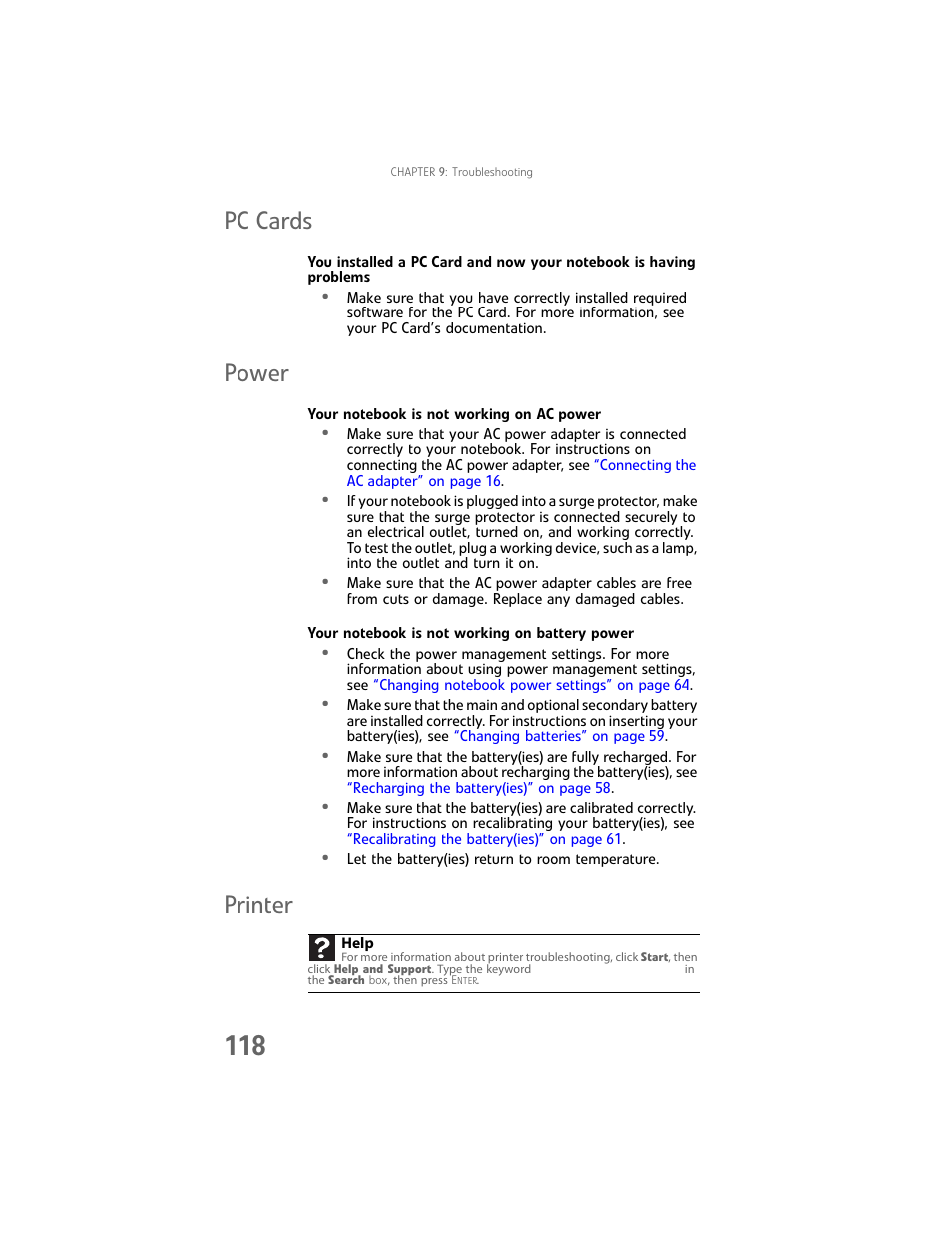Pc cards, Power, Printer | Pc cards power printer, Power” on | Gateway Laptop User Manual | Page 126 / 152