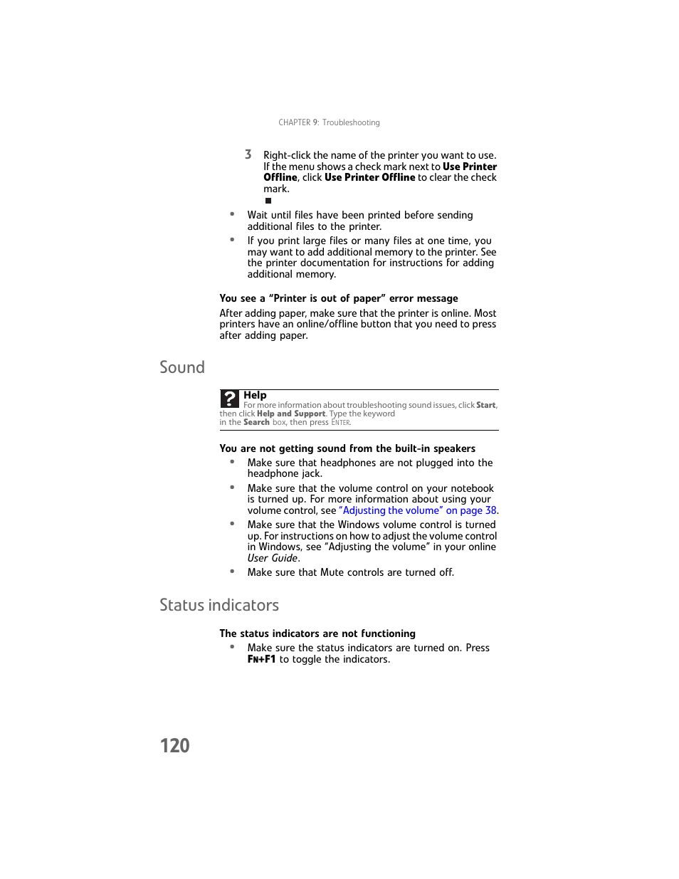 Sound, Status indicators, Sound status indicators | Gateway Laptop User Manual | Page 128 / 152