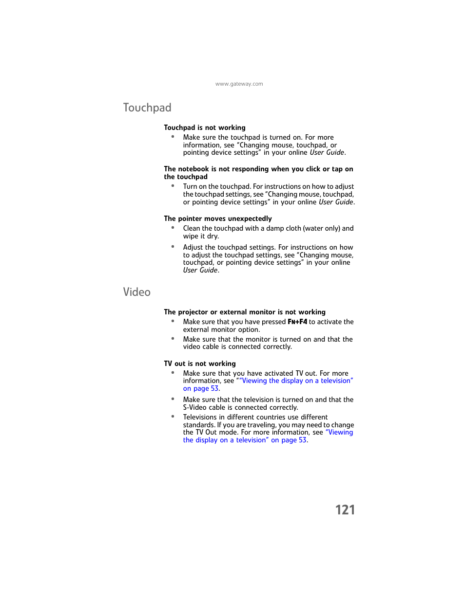 Touchpad, Video, Touchpad video | Gateway Laptop User Manual | Page 129 / 152