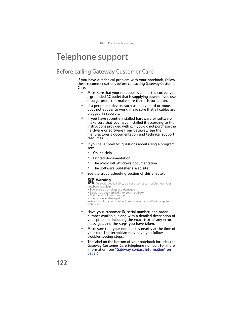 Telephone support, Before calling gateway customer care | Gateway Laptop User Manual | Page 130 / 152