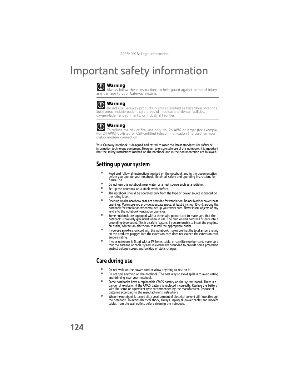 Important safety information, Setting up your system, Care during use | Gateway Laptop User Manual | Page 132 / 152