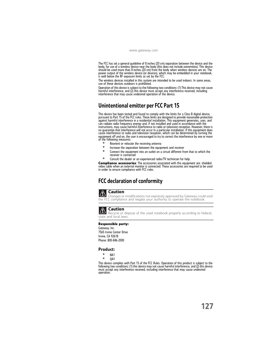 Unintentional emitter per fcc part 15, Fcc declaration of conformity | Gateway Laptop User Manual | Page 135 / 152