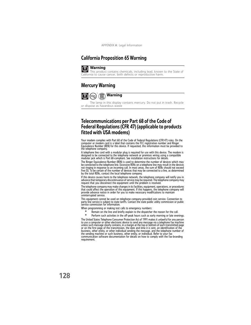 California proposition 65 warning, Mercury warning | Gateway Laptop User Manual | Page 136 / 152