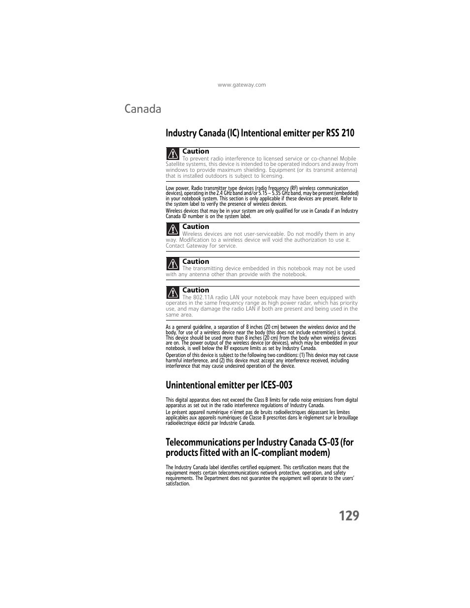 Canada, Unintentional emitter per ices-003 | Gateway Laptop User Manual | Page 137 / 152