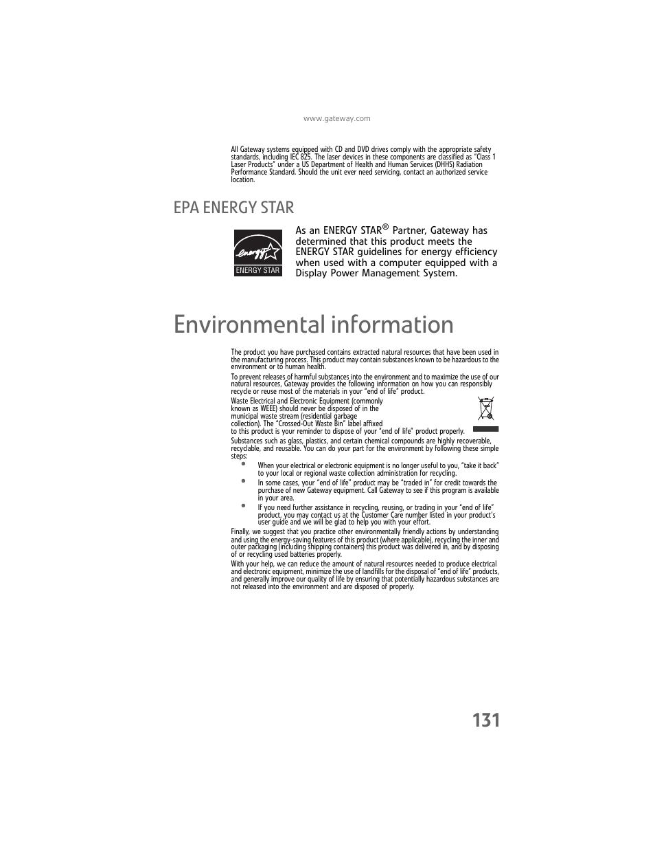 Epa energy star, Environmental information | Gateway Laptop User Manual | Page 139 / 152