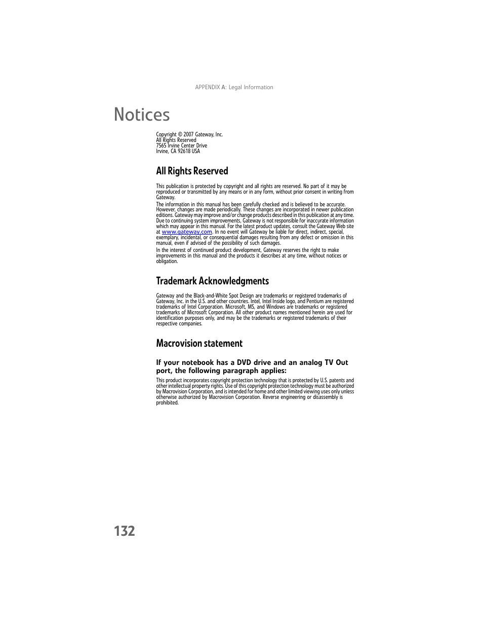 Notices, All rights reserved, Trademark acknowledgments | Macrovision statement | Gateway Laptop User Manual | Page 140 / 152