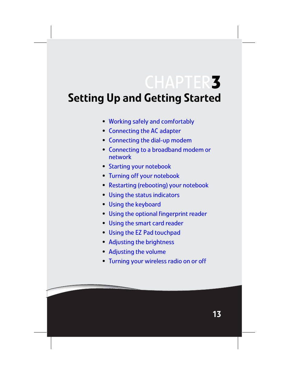 Setting up and getting started, Chapter 3: setting up and getting started, Chapter 3 | Gateway Laptop User Manual | Page 21 / 152