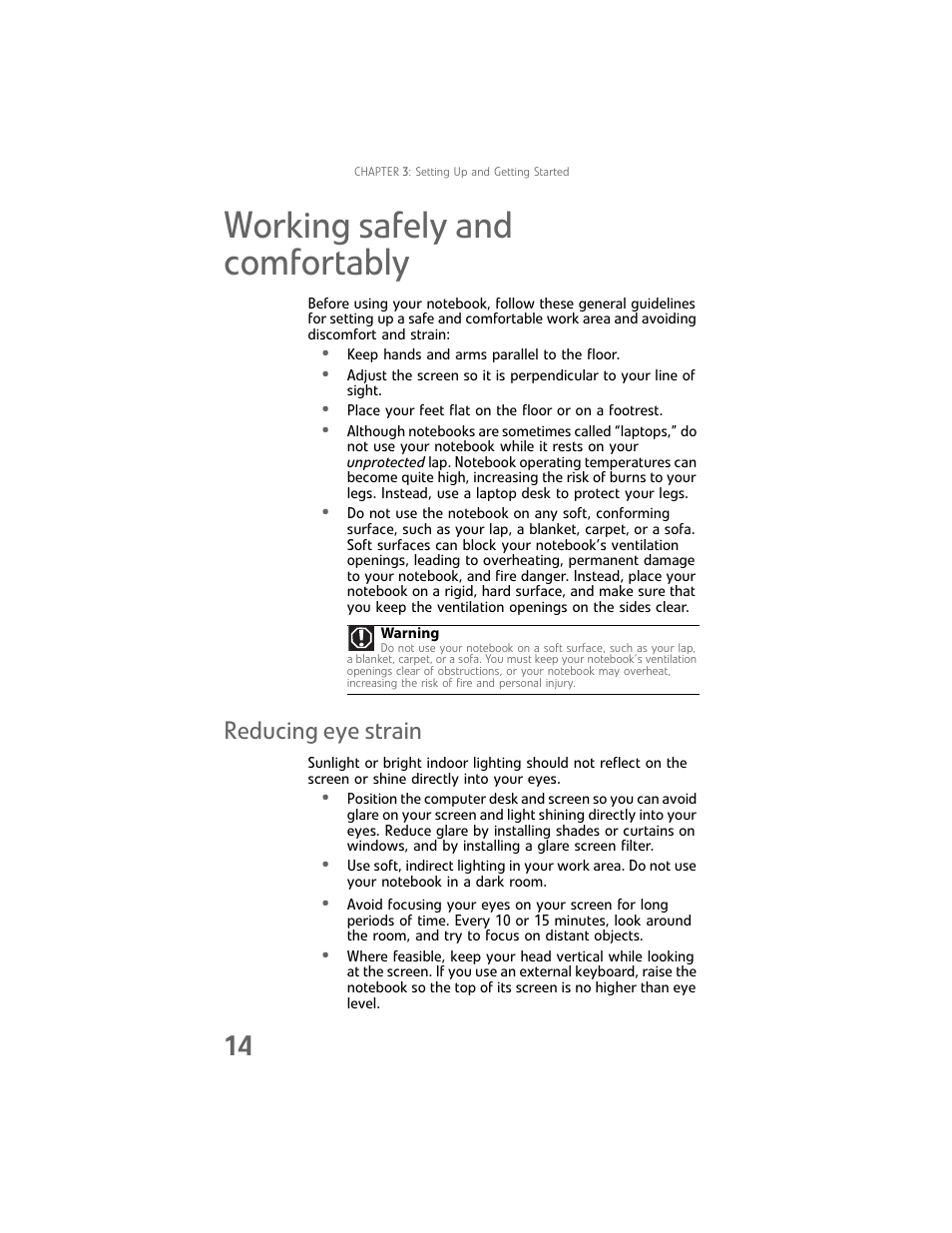 Working safely and comfortably, Reducing eye strain | Gateway Laptop User Manual | Page 22 / 152