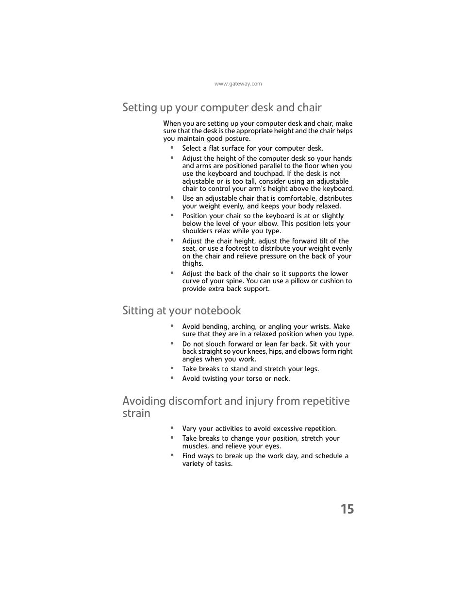 Setting up your computer desk and chair, Sitting at your notebook | Gateway Laptop User Manual | Page 23 / 152