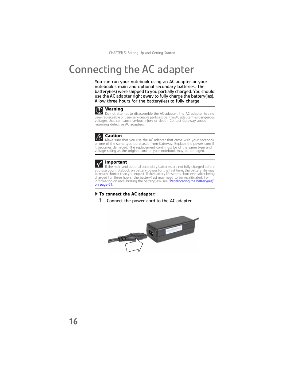 Connecting the ac adapter | Gateway Laptop User Manual | Page 24 / 152