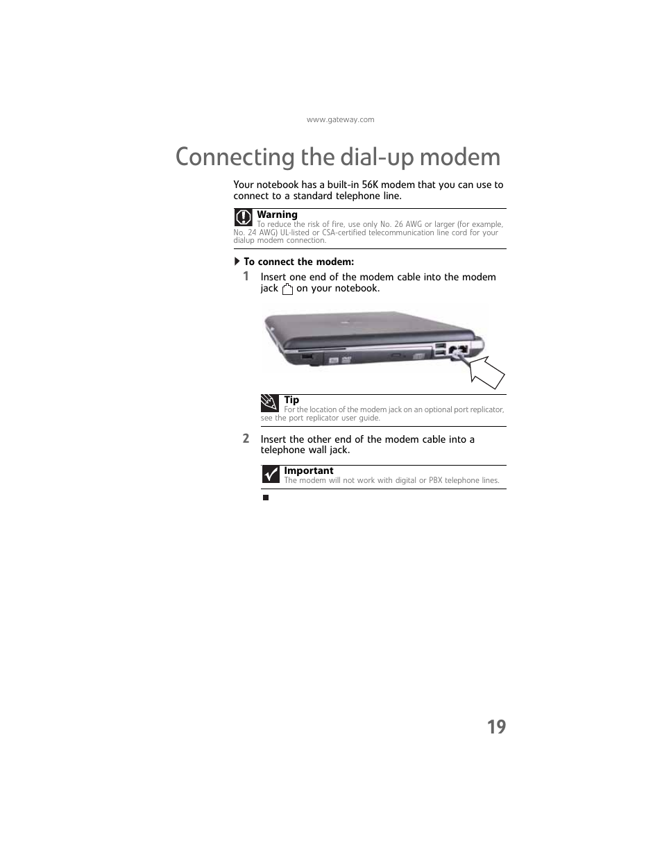 Connecting the dial-up modem, Connecting the dial-up | Gateway Laptop User Manual | Page 27 / 152