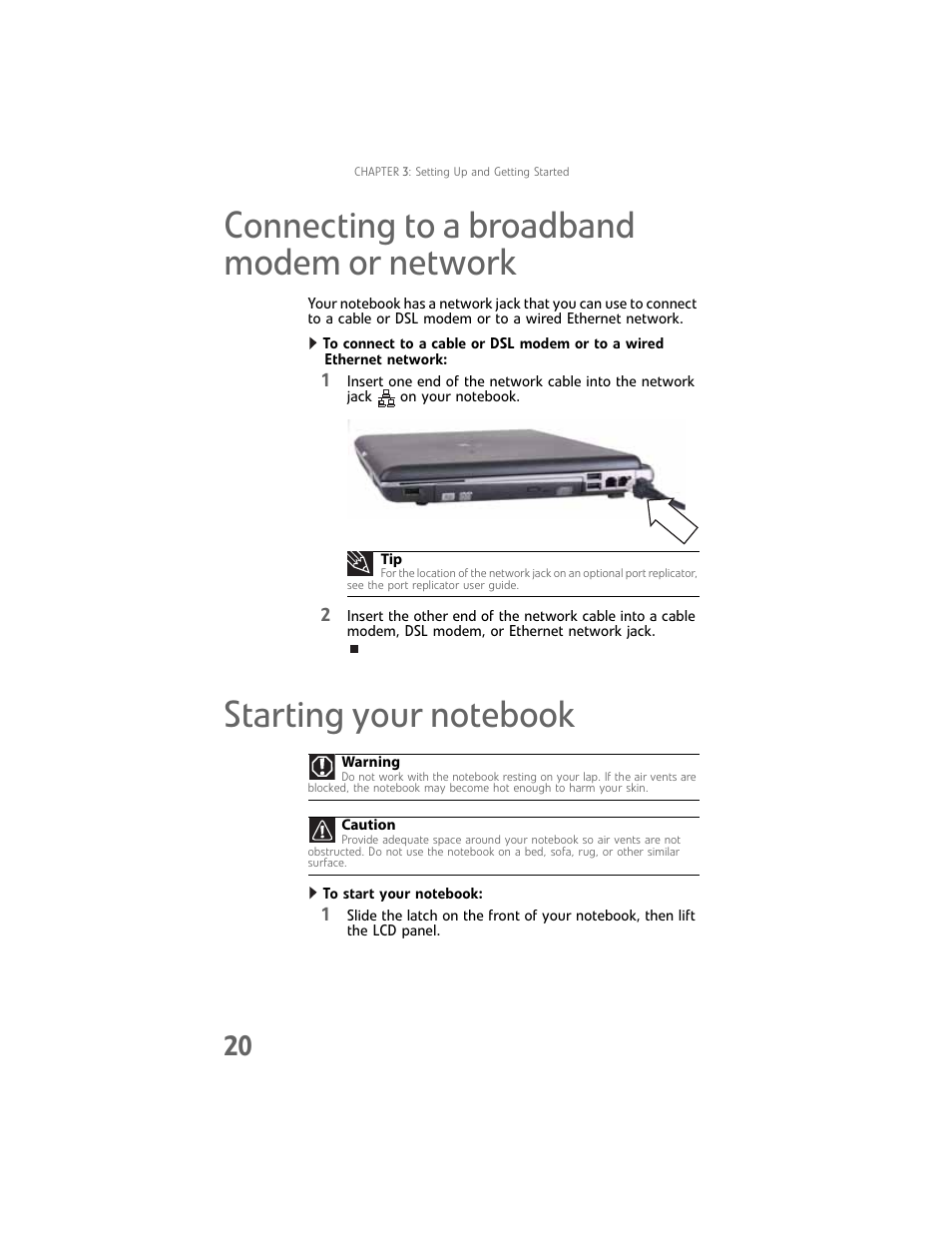 Connecting to a broadband modem or network, Starting your notebook, Connecting to | Gateway Laptop User Manual | Page 28 / 152