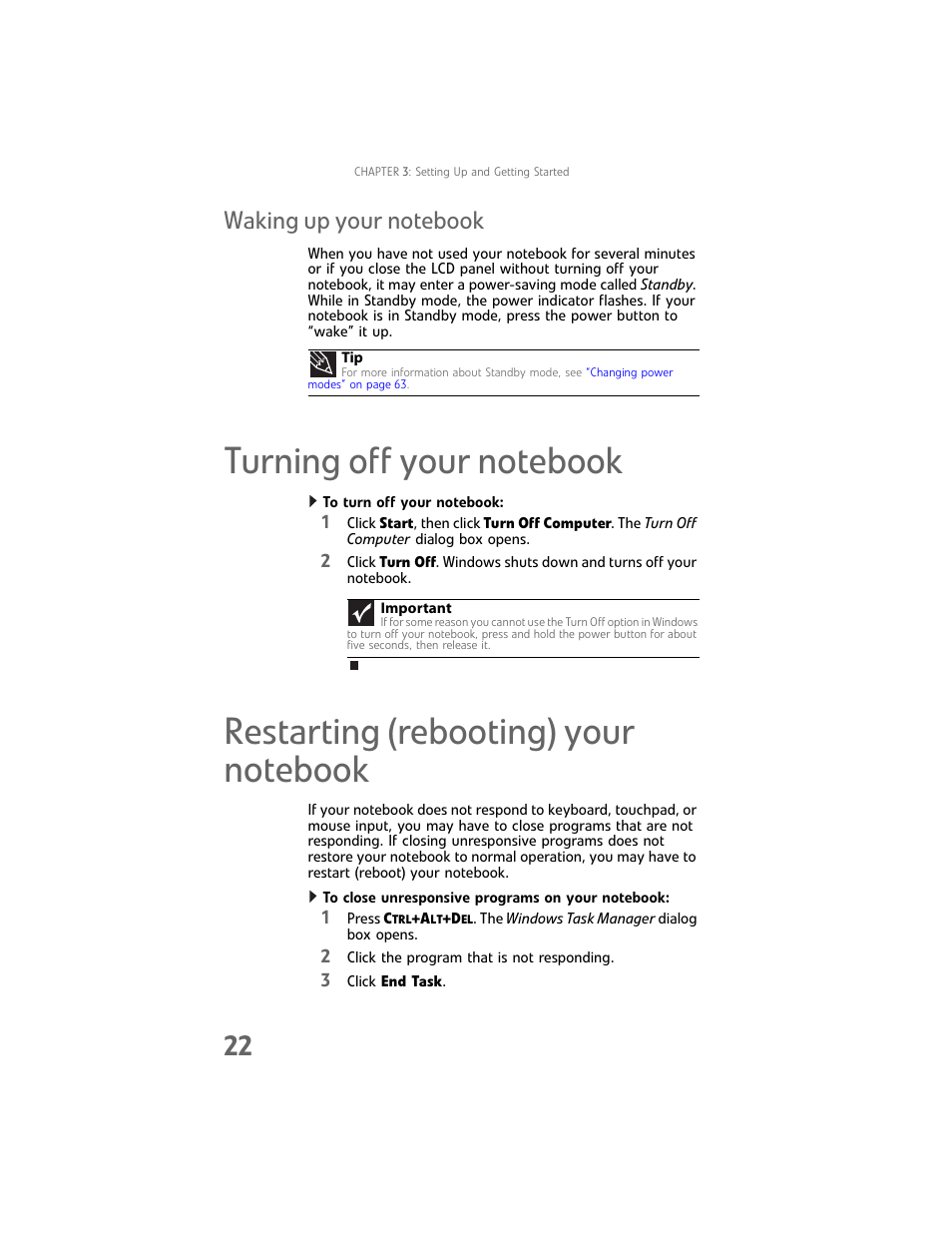Waking up your notebook, Turning off your notebook, Restarting (rebooting) your notebook | Gateway Laptop User Manual | Page 30 / 152