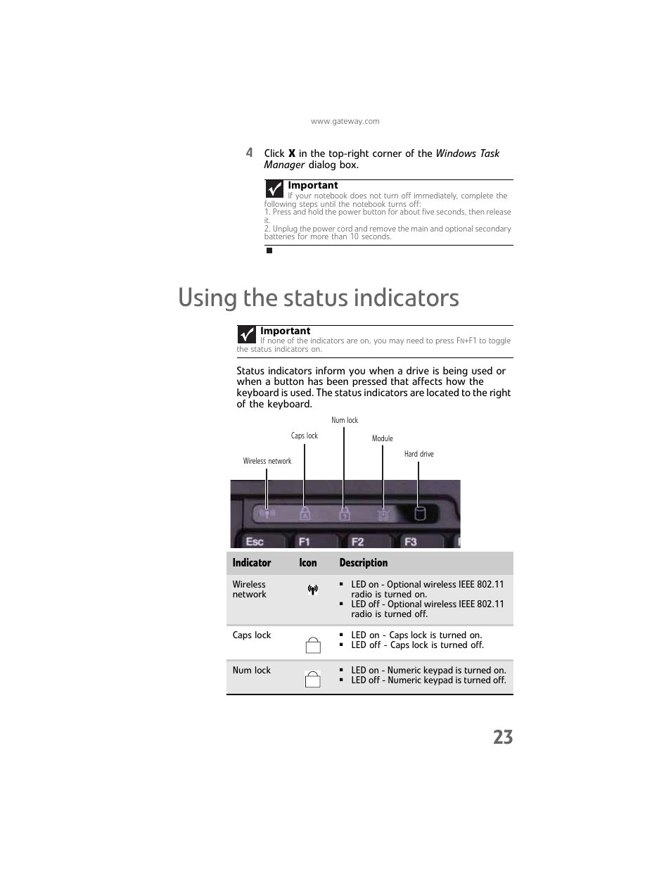 Using the status indicators, Using the status, Indicator icon description | Gateway Laptop User Manual | Page 31 / 152
