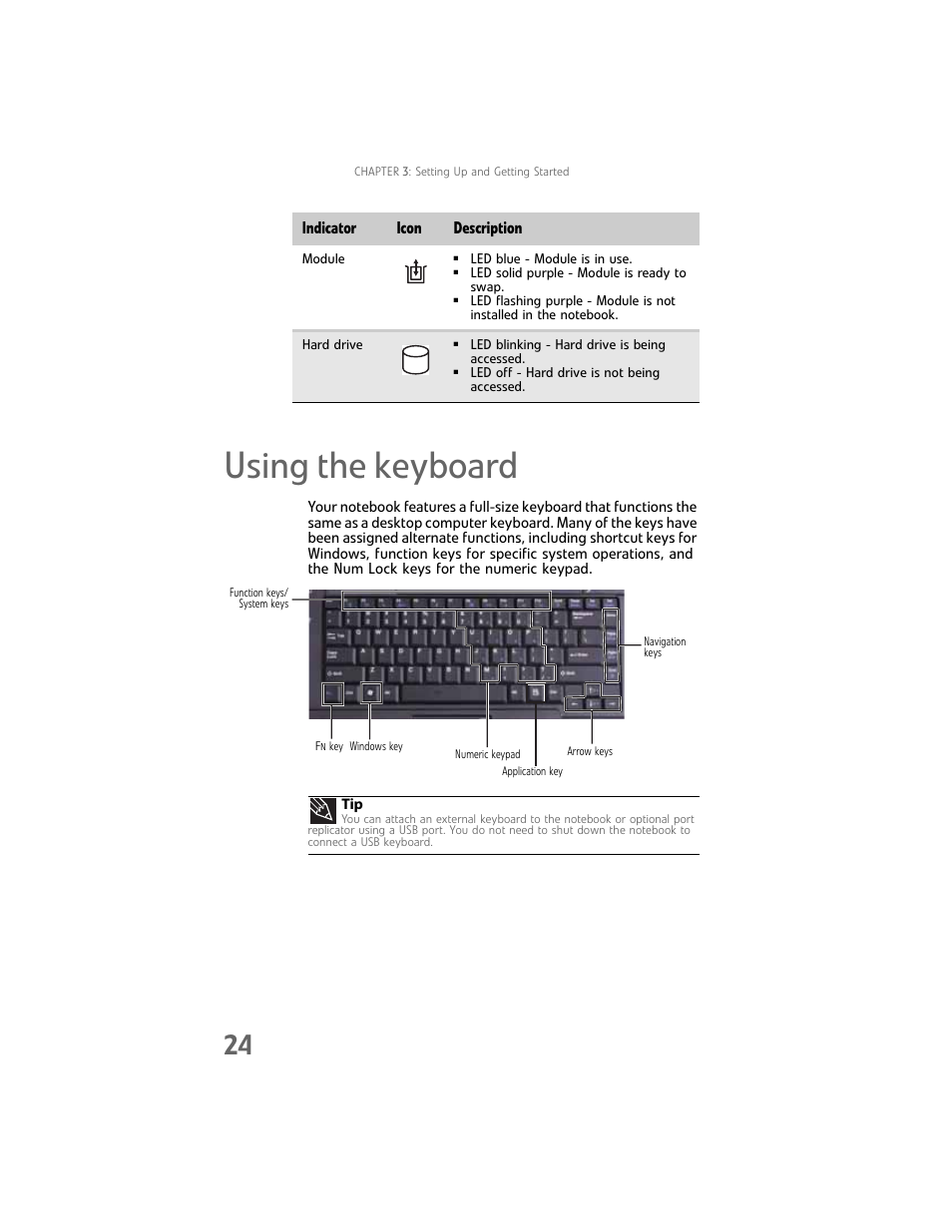 Using the keyboard, Using the, Indicator icon description | Gateway Laptop User Manual | Page 32 / 152