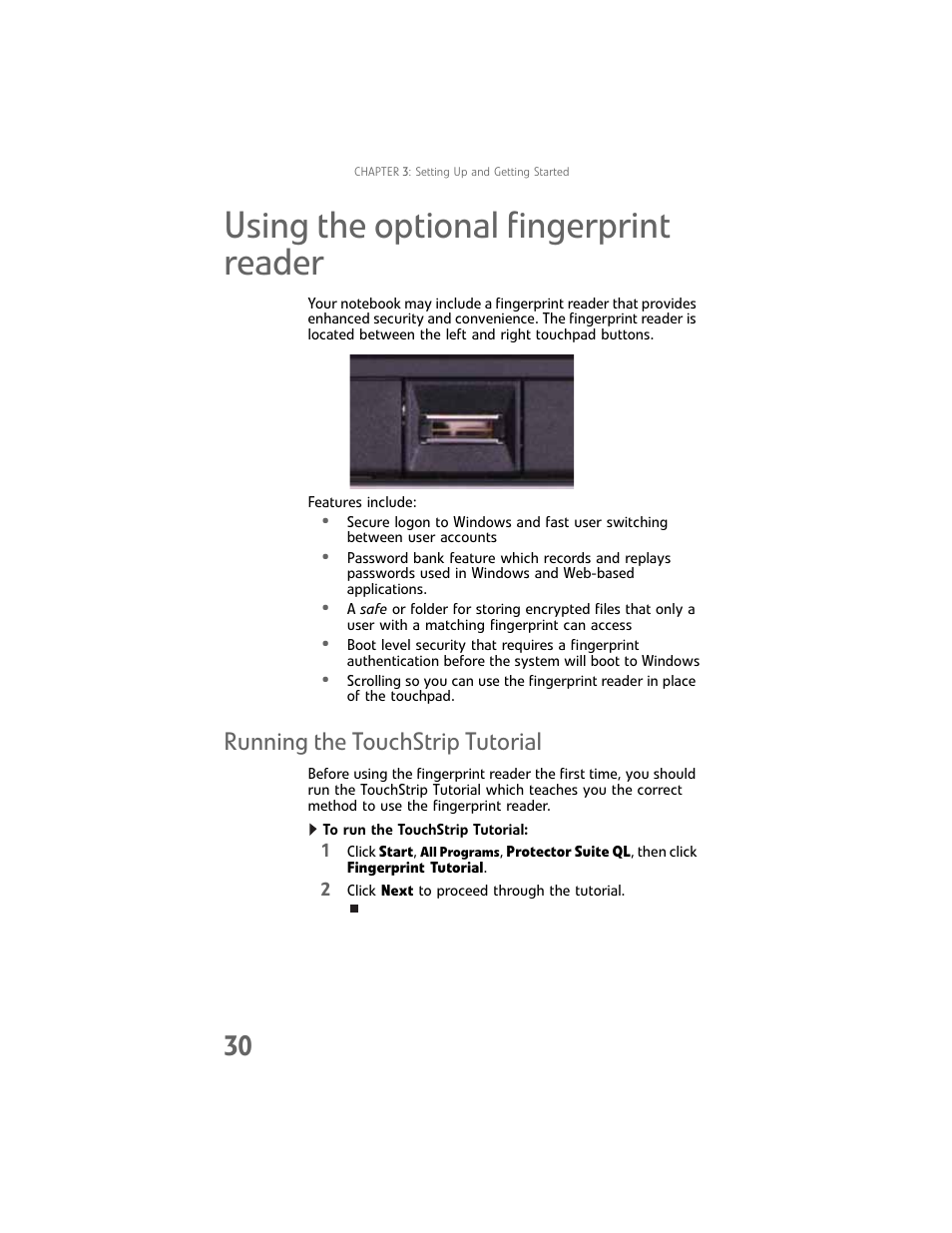 Using the optional fingerprint reader, Running the touchstrip tutorial, Using the optional fingerprint reader” on | Gateway Laptop User Manual | Page 38 / 152
