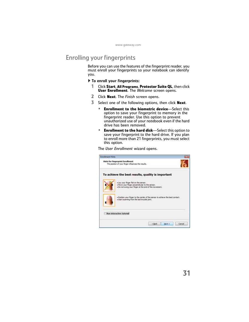 Enrolling your fingerprints | Gateway Laptop User Manual | Page 39 / 152