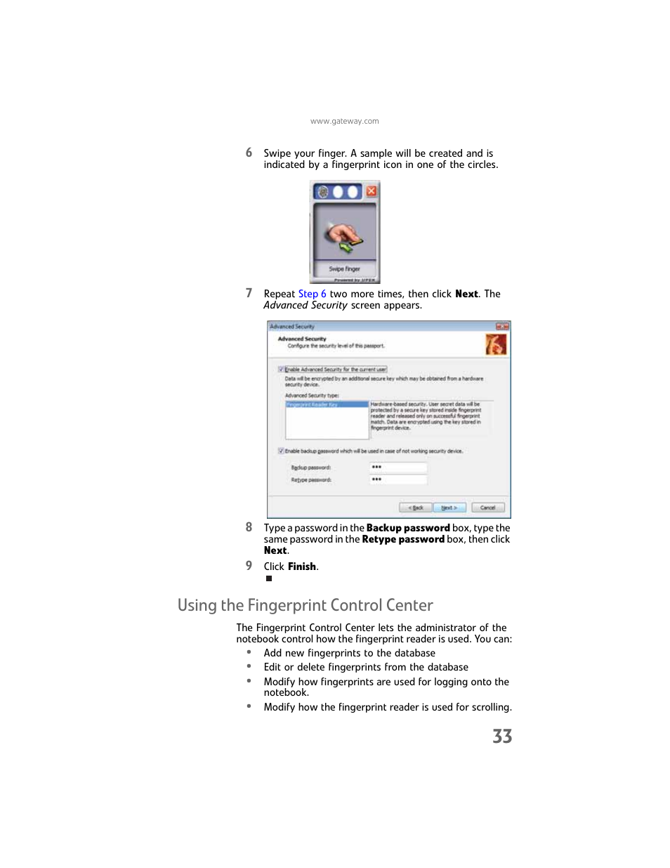 Using the fingerprint control center | Gateway Laptop User Manual | Page 41 / 152