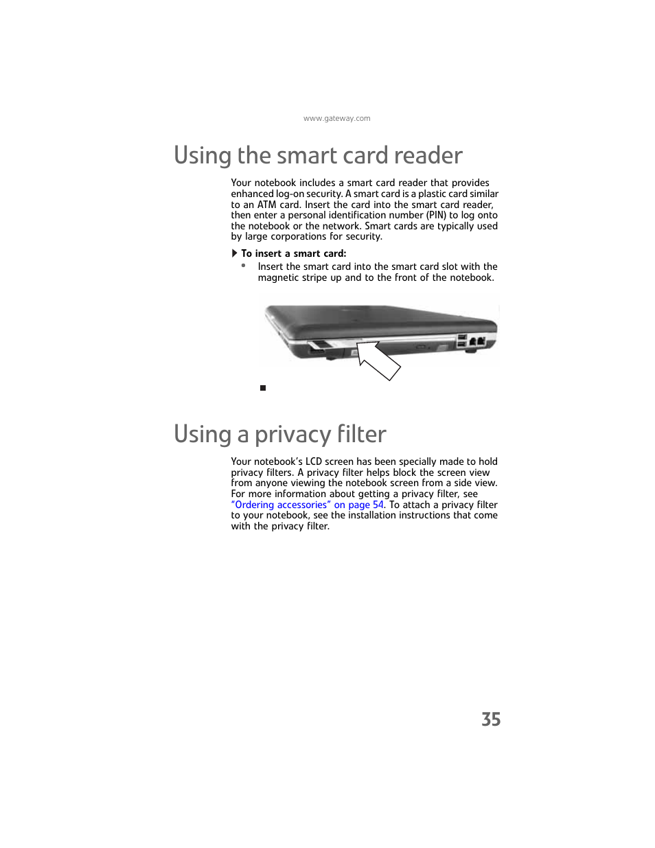 Using the smart card reader, Using a privacy filter, Using the smart card reader using a privacy filter | Using the | Gateway Laptop User Manual | Page 43 / 152