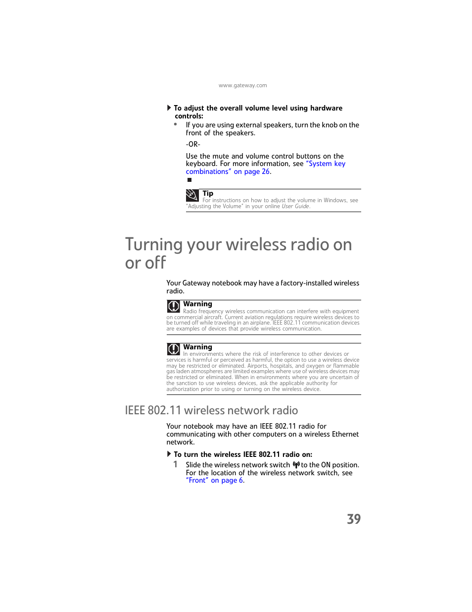 Turning your wireless radio on or off, Ieee 802.11 wireless network radio | Gateway Laptop User Manual | Page 47 / 152