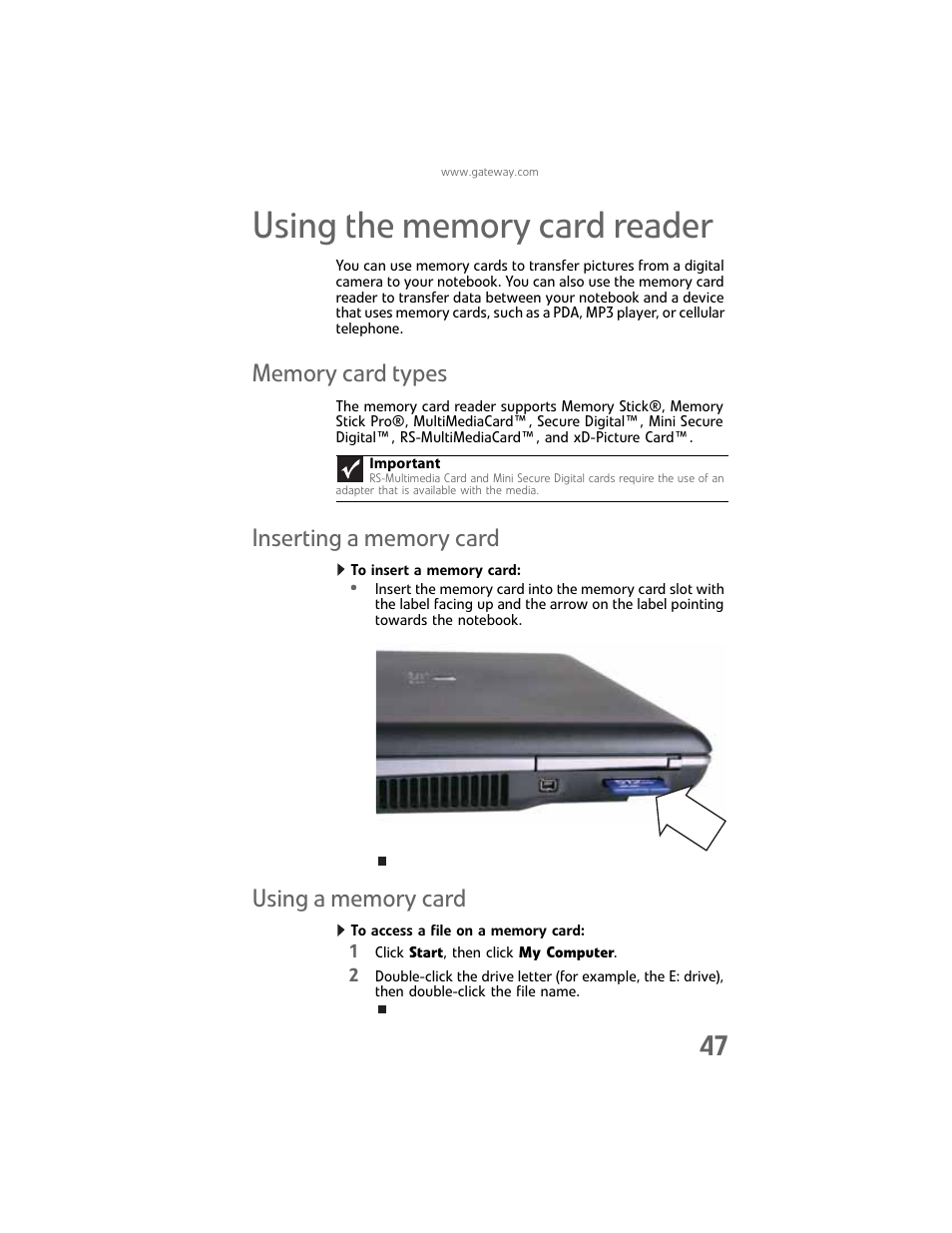 Using the memory card reader, Memory card types, Inserting a memory card | Using a memory card | Gateway Laptop User Manual | Page 55 / 152