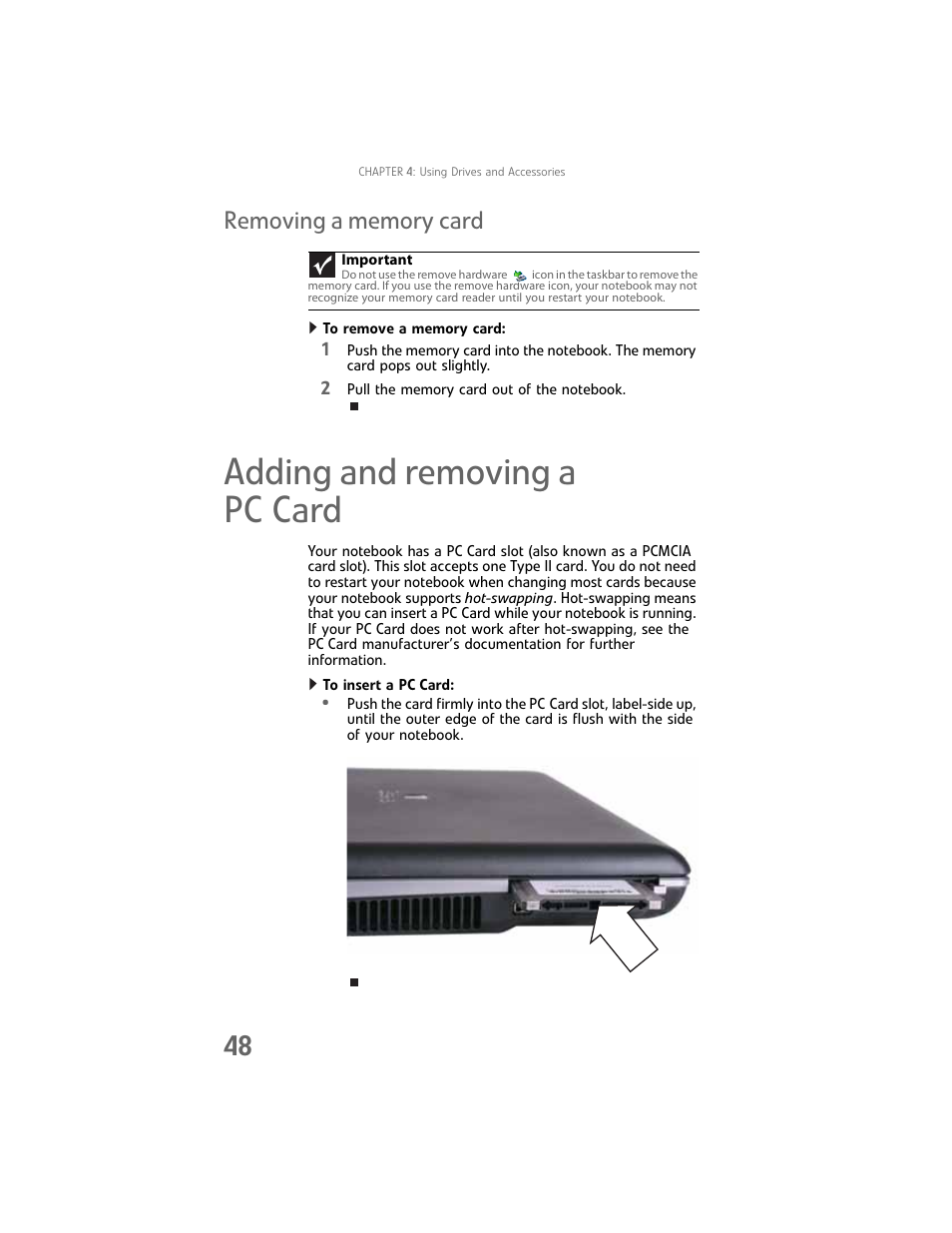 Removing a memory card, Adding and removing a pc card, Adding and removing a | Gateway Laptop User Manual | Page 56 / 152