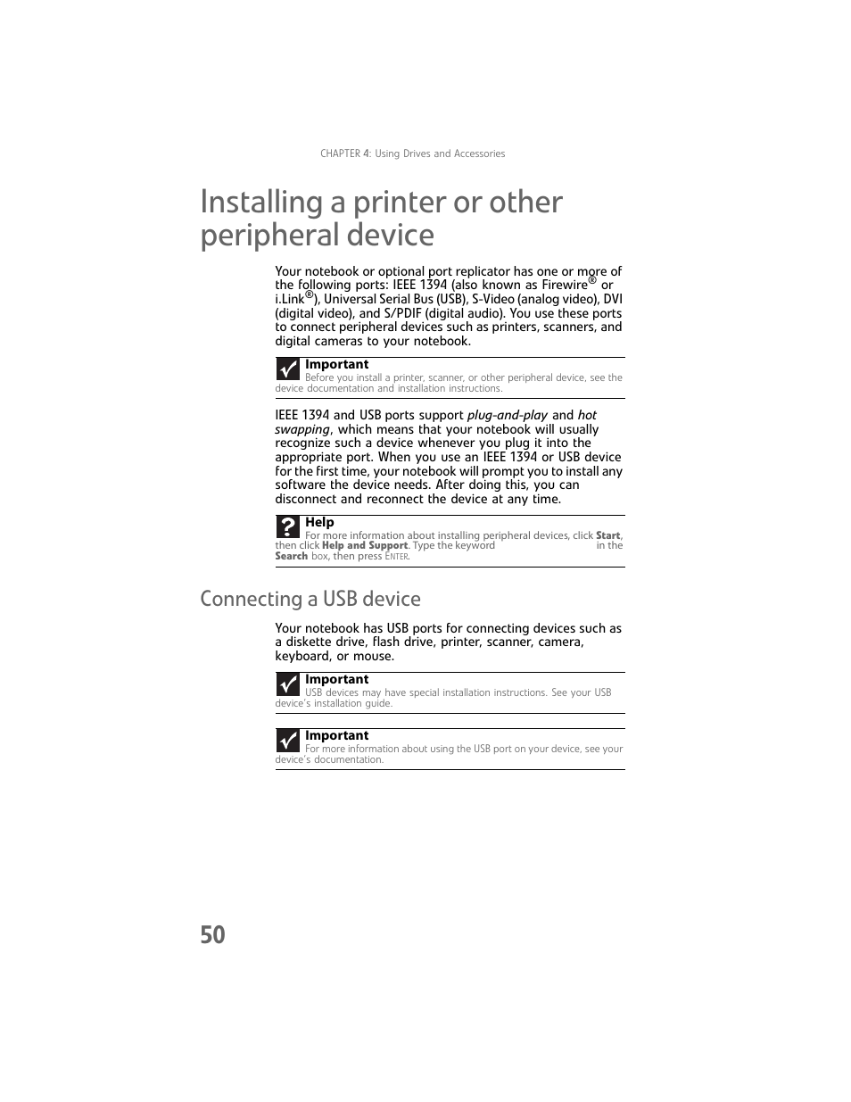 Installing a printer or other peripheral device, Connecting a usb device | Gateway Laptop User Manual | Page 58 / 152