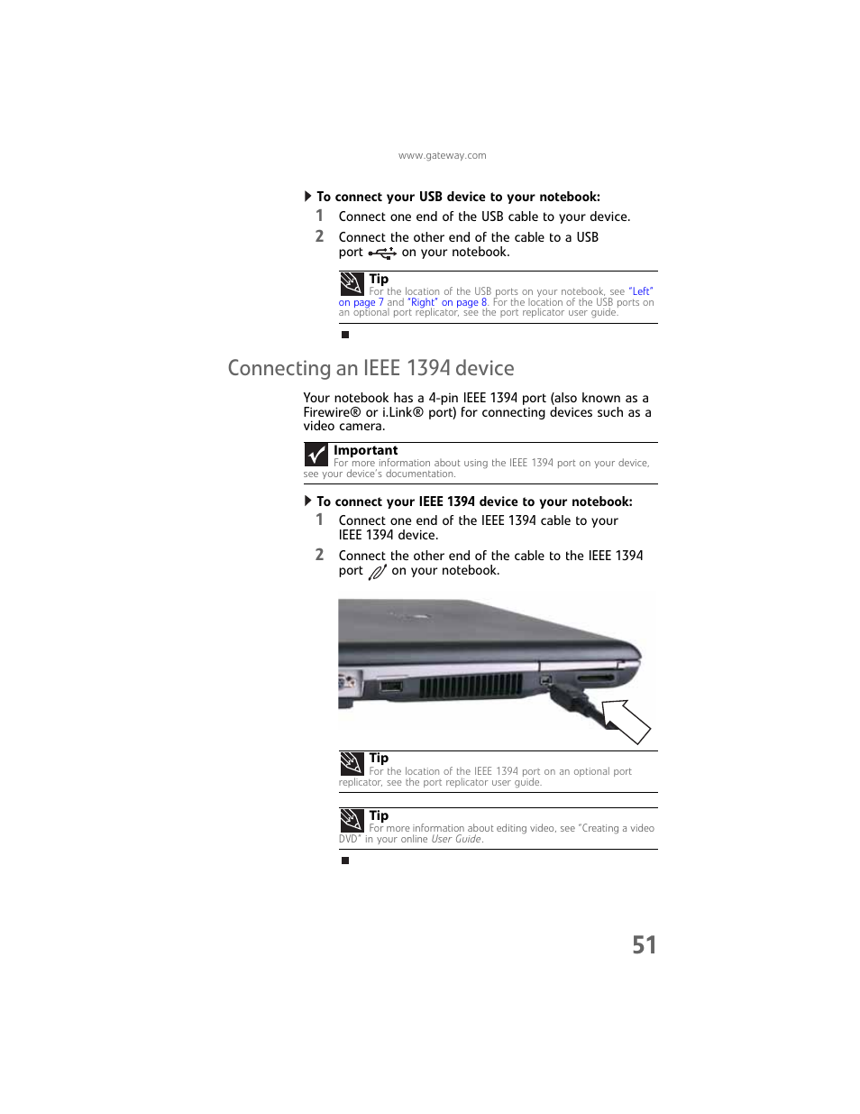 Connecting an ieee 1394 device | Gateway Laptop User Manual | Page 59 / 152