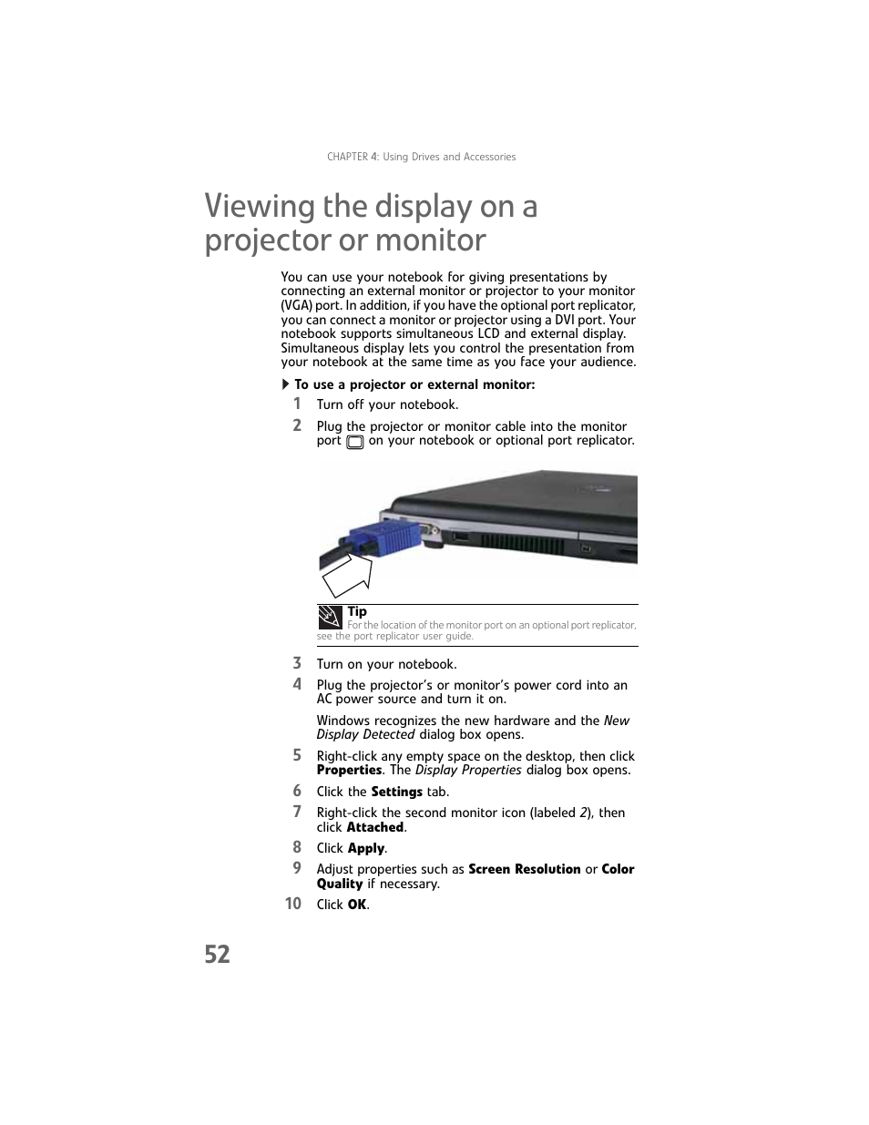 Viewing the display on a projector or monitor, Viewing, Viewing the | Gateway Laptop User Manual | Page 60 / 152