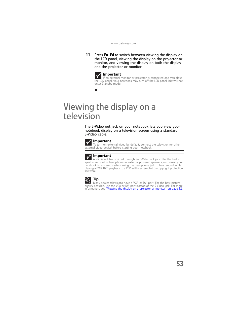 Viewing the display on a television, Viewing | Gateway Laptop User Manual | Page 61 / 152